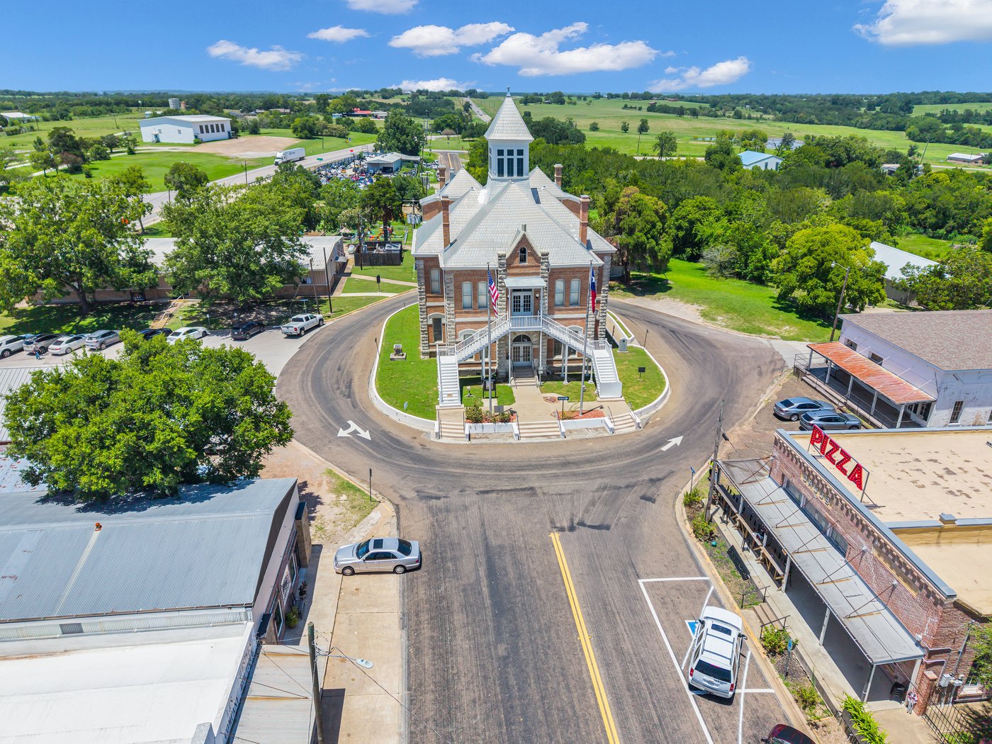 The Grimes County courthouse, aerial photo straight on