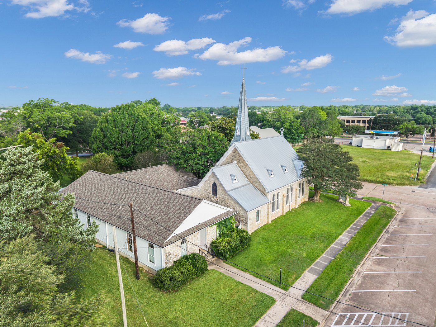 A church on a clear day, aerial photo